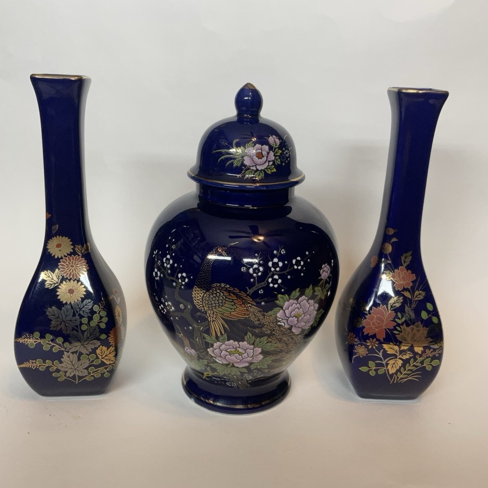 Vtg Set Of 3 Ginger Jar Japanese CobaltBlue Porcelain Urn Vase 2 Kutani Bud Vase